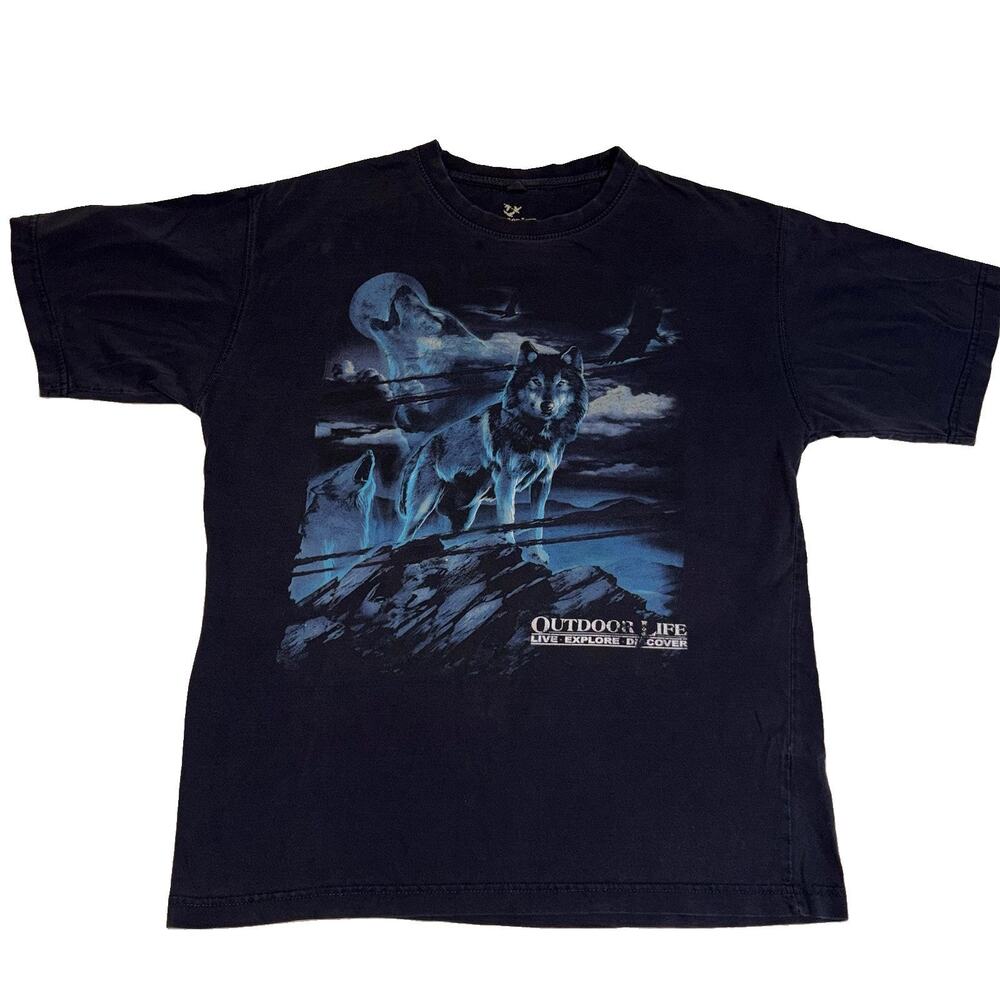 Outdoor Life Wolf Graphic T Shirt Mens Large Black Nature Y2K Style